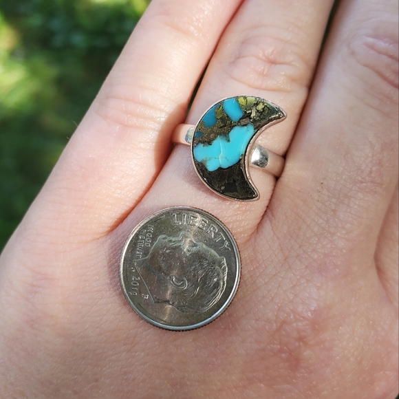 Sterling Silver Turquoise and Pyrite Crescent Moon Ring Size 7 - Picture 14 of 16